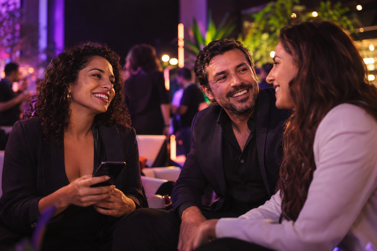 Ilustração gerada por IA: três adultos conversam sorrindo em um ambiente de entretenimento, com um celular na mão.